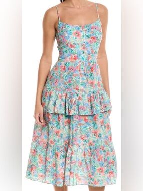Shoshanna Betta Floral Midi Dress Size 2 Tie Waist Smocked Back Adjustable Strap